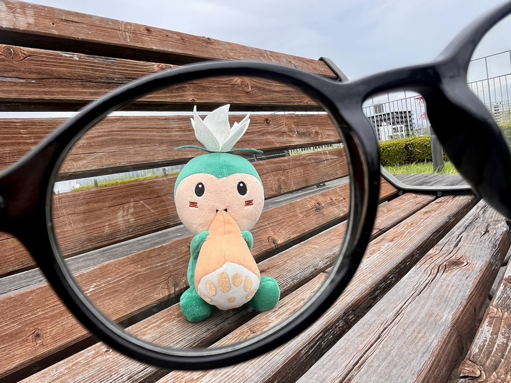 めがね越しに撮影したベンチの上のぬいぐるみ