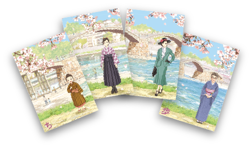 ４つの時代の宇野千代を描いたちよ散歩ポストカード４種